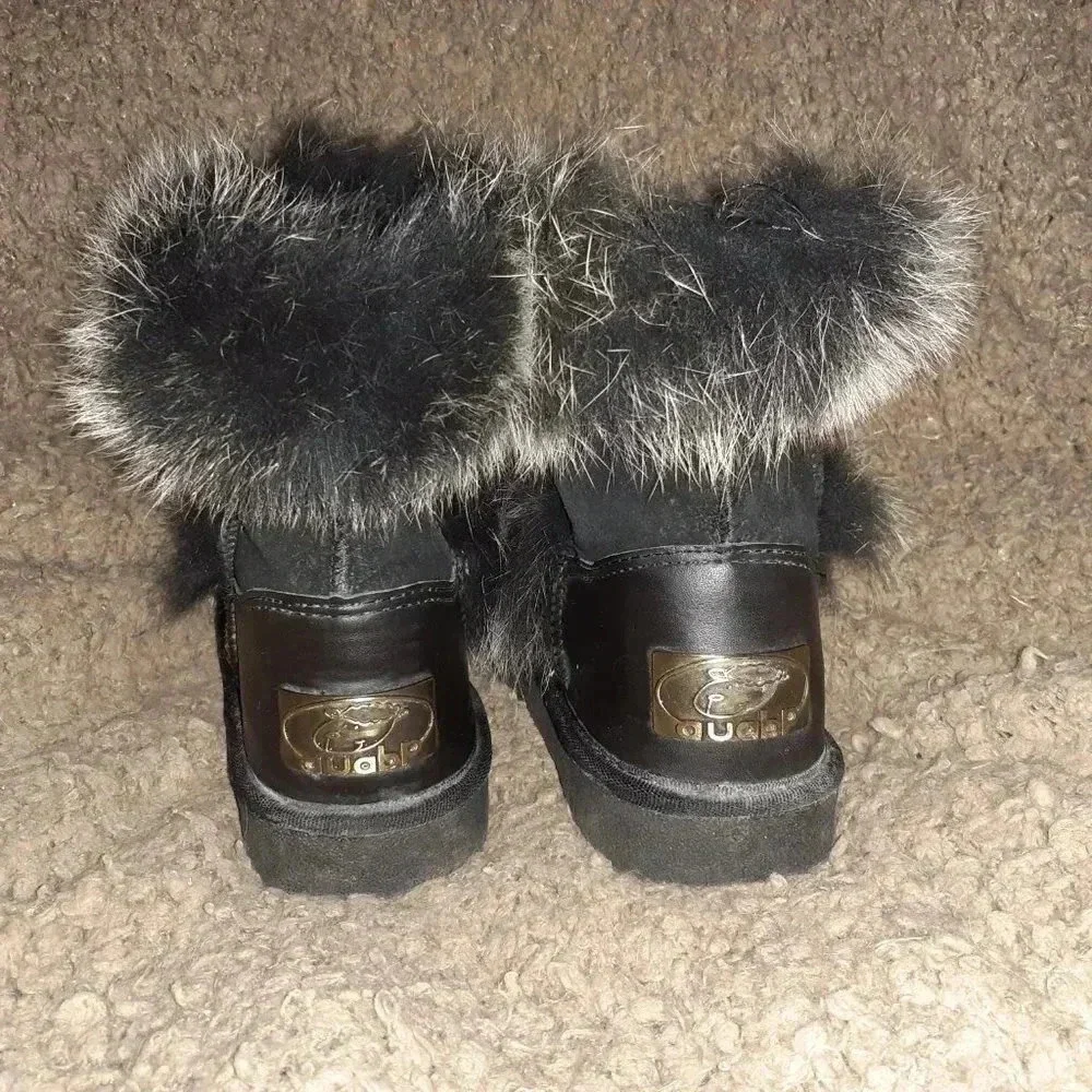AUABP-Gracie-Black Leather Boots-Sheepskin Lining-Fox Fur Trim-Size 5-Excellent